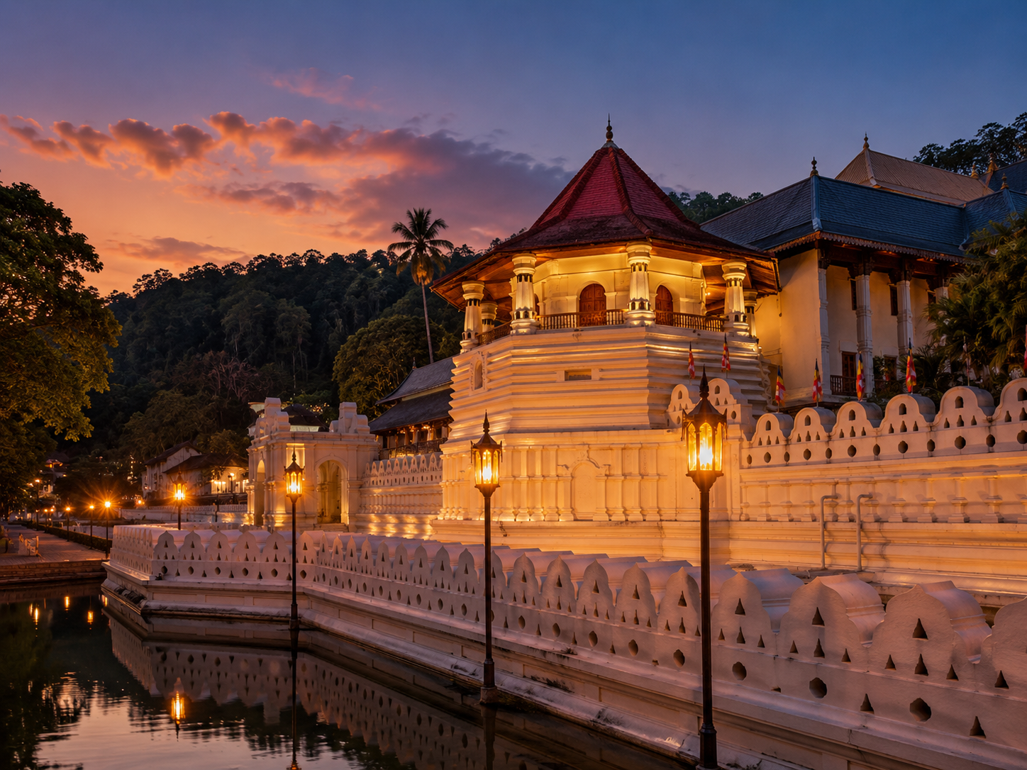 Illustration of the Temple of the Tooth in Kandy at dusk
